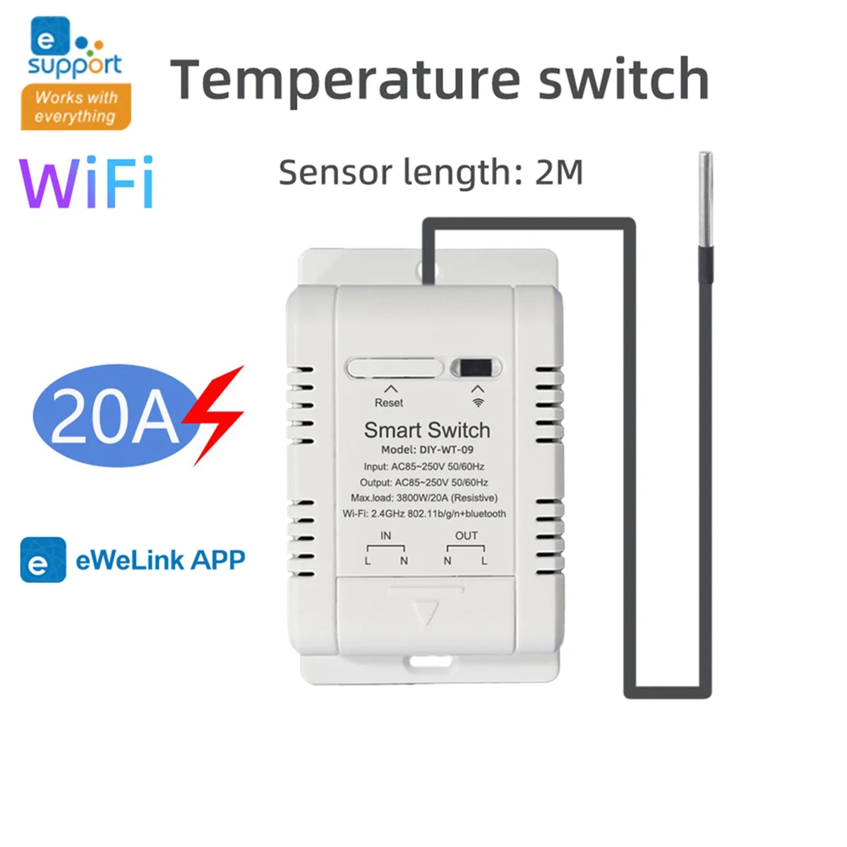 Interruptor de temperatura wi-fi com sensor de 2m ewelink smart wifi 20a termostato interruptor de temperatura suporta controle de voz