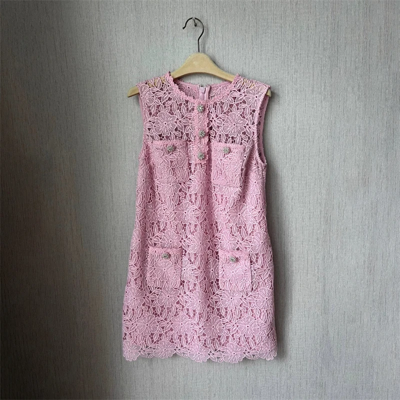 2024 new summer women\'s round neck crochet knitted lace sleeveless dress y2k high quality multi-pocket fashion casual mini skirt