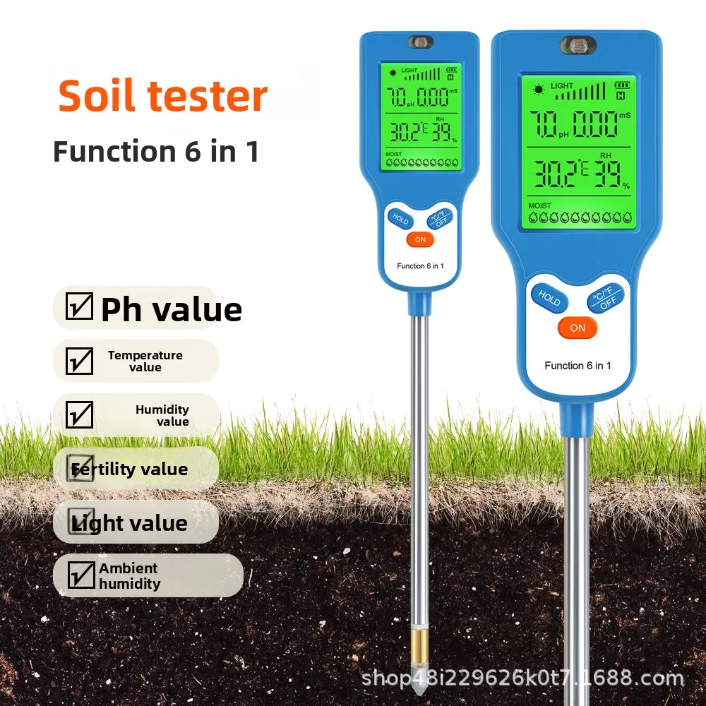 THE01893 Six-in-One Soil Tester PH Temperature and Moisture Soil Fertility Illuminance Orchard Greenhouse Planting Tester
