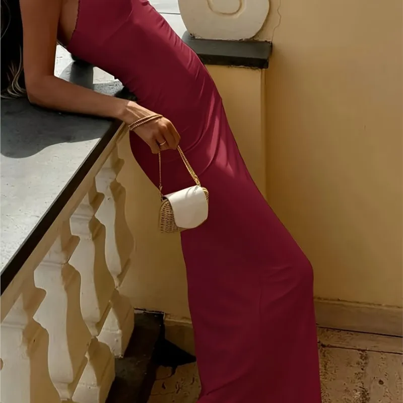 

Summer New Women's V-neck Solid Dresses Sexy Backless Woman's Casual Slim Dyed Suspender Long Skirt Suitable For Beach Parties