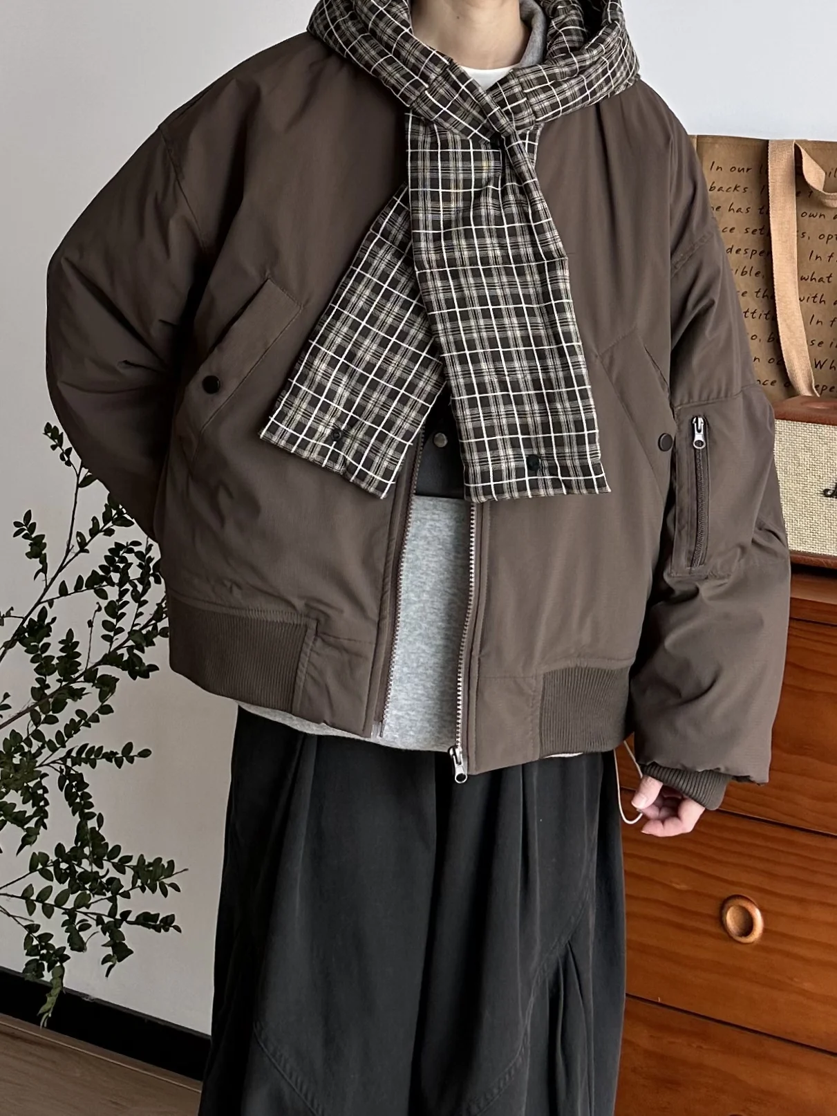 

Retro Japanese Sle Winter Thiened Warm Ins Hat Scarf Plaid Cotton Jaet ex Youth Faion Long Sve Hooded Coat