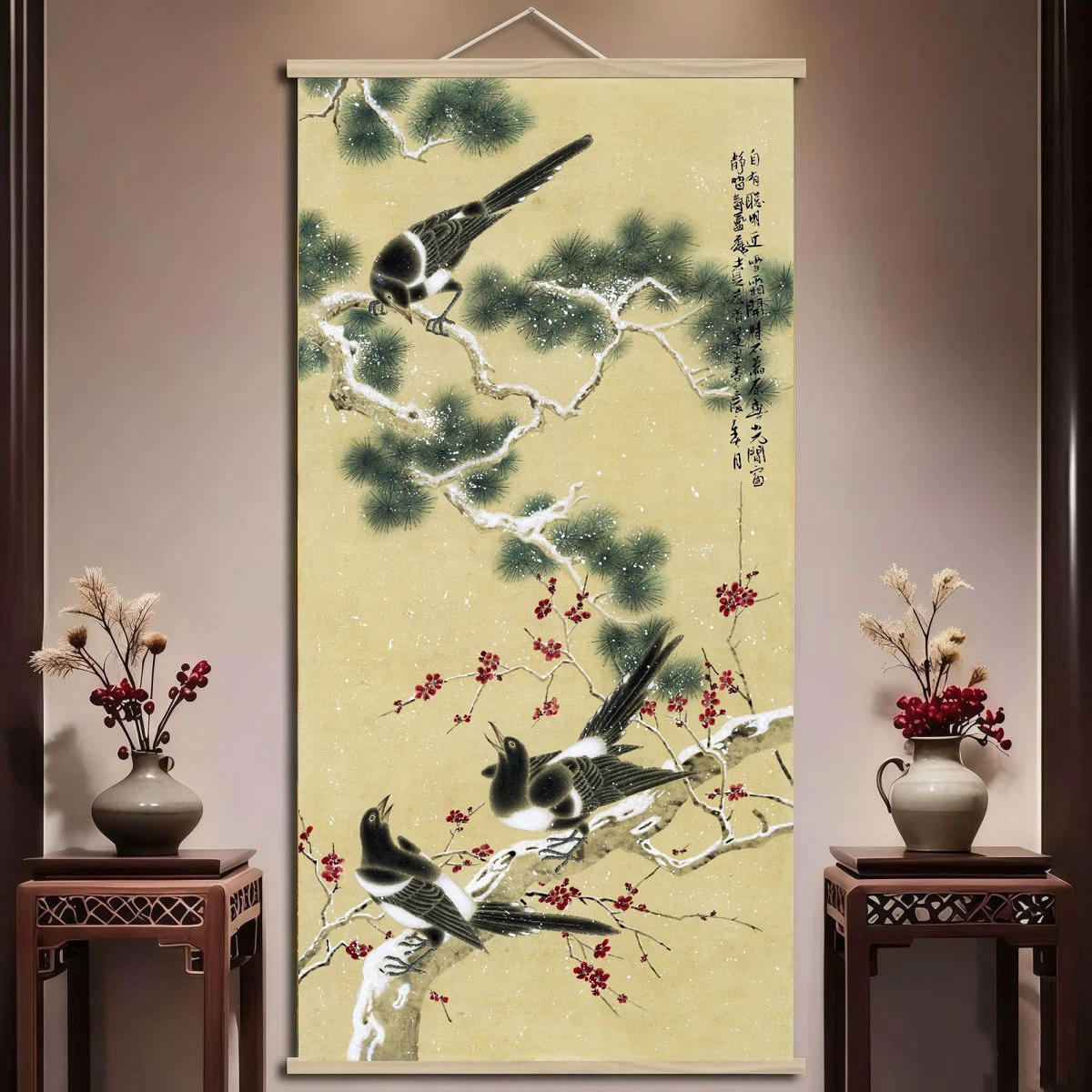 Chinese Flower and Bird Art Printmaking Retro Style Cedar, Plum Blossom, Magpie Flower and Bird Hanging Paintings