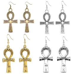 Vintage Ankh Cross Drop Earrings for Women Stainless Steel Ear Hook Alloy Pendant Jewelry Ancient Egyptian Pharaoh Accessories