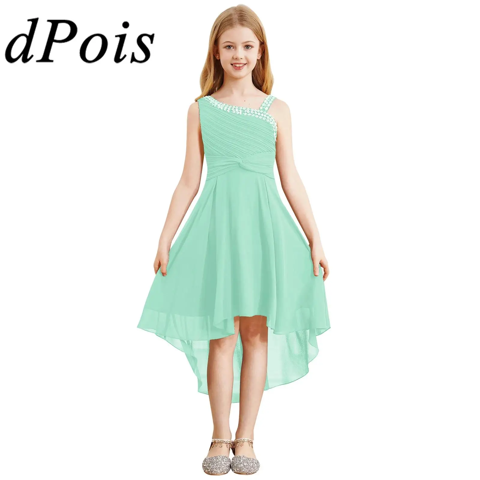 Kids Elegant Girls Chiffon Dress Sleeveless High-Low Hem Party Gowns Childs Dress for Birthday Evening Ballet Ballroom Dancing