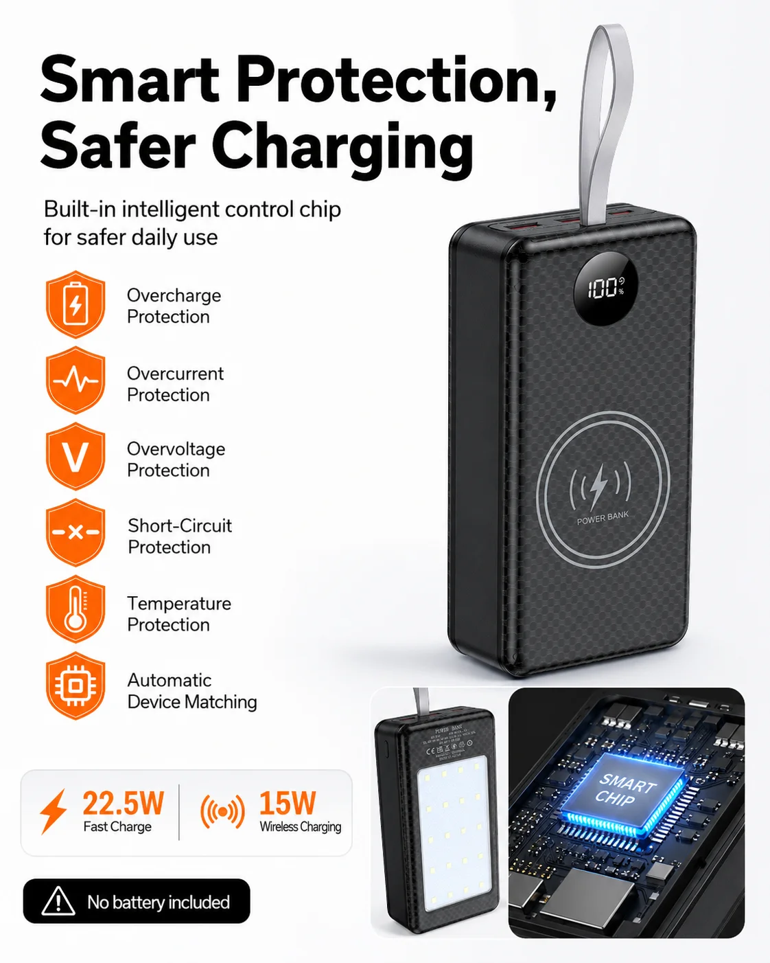 Solder-Free Battery Case for 12pcs 21700 Cells, DIY Power Bank Shell With 22.5W Fast Charge, Wireless Charger & LED Lamp