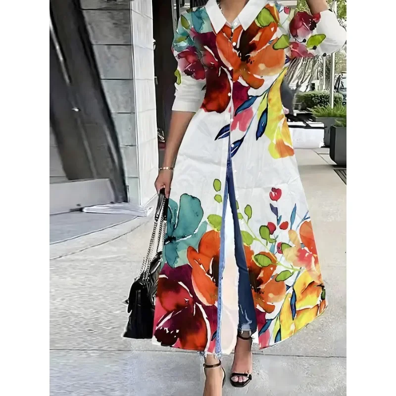 

Плюс размер 1XL-5XL женское летнее повседневное модное длинное платье с цветочным принтом повседневное платье с длинными рукавами верхняя одежда