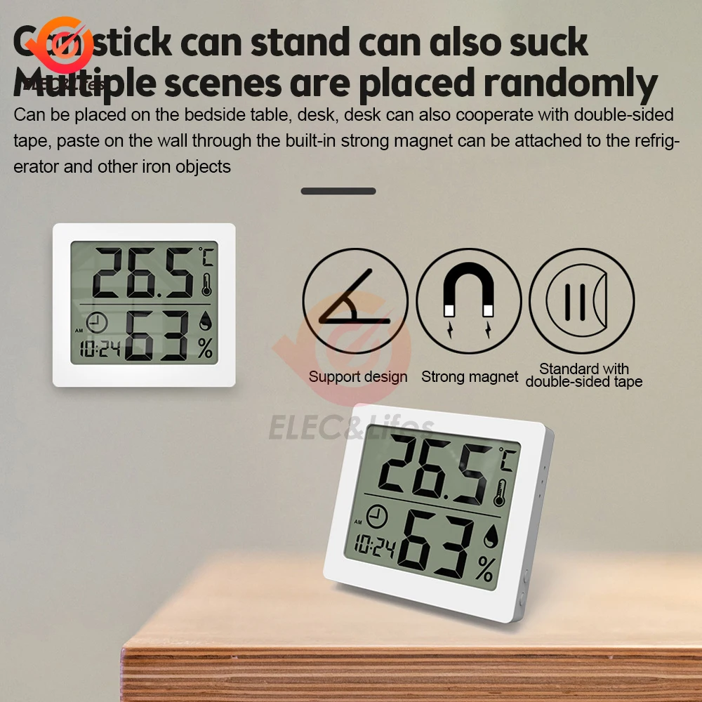 Termômetro multifuncional higrômetro eletrônico automático monitor de umidade temperatura relógio grande tela lcd ℃ / ℉   Com bateria