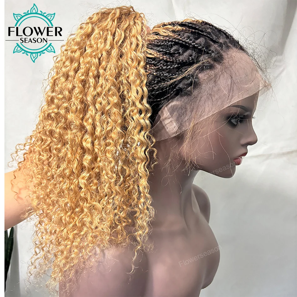 Honey Blonde Braided Wigs Ombre Brown Color Full Lace Human Hair Wig Knotless Boho Box Braids Wig PrePlucked 300% Density