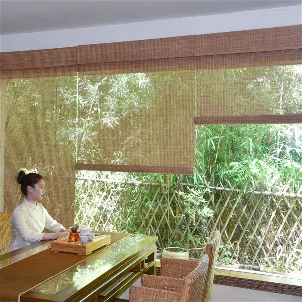 Outdoor  Aqumotic Bamboo Curtains With Lifter Roller Decoration For Balcony/Tea room/Garden Shading Wooden Natural Manual Blinds