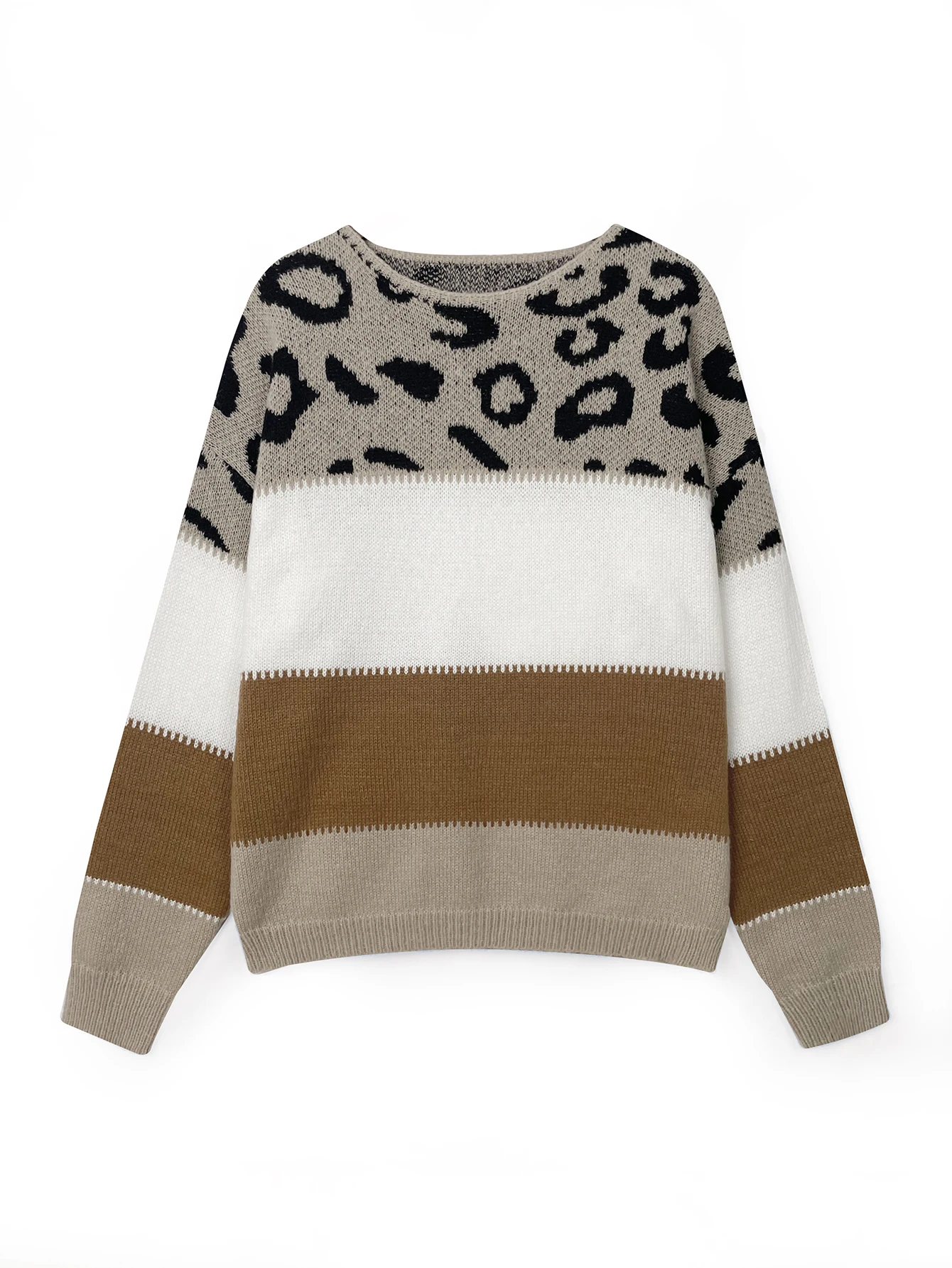 Leopard Print Color Blocked Round Neck Sweater Autumn And Winter Women\'s Knitted Sweater Pullover Long Sleeved Base Shirt