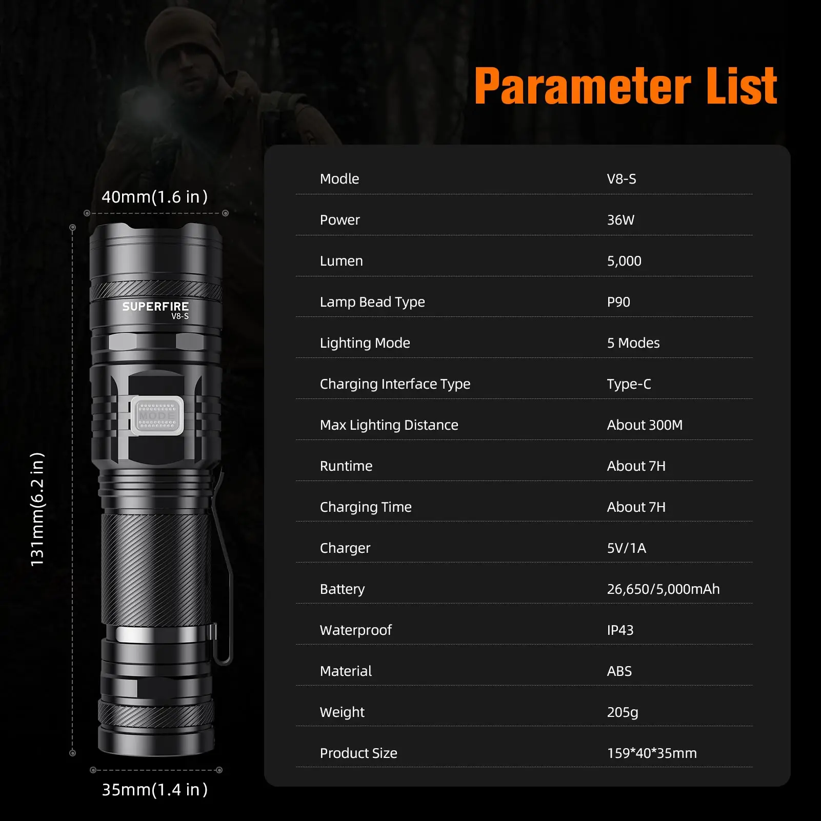 SUPERFIRE V8-S 36W High Power Waterproof LED Tactical Flashlight Super Bright 5000LM Torch Indicator USB-C Hunting Lights