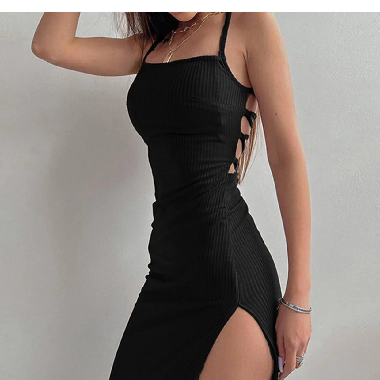 New Sexy Black Long Bodycon Dress Women Summer Sleeveless Blackless Halter Neck Spaghetti Strap Dresses High Split Vestidos