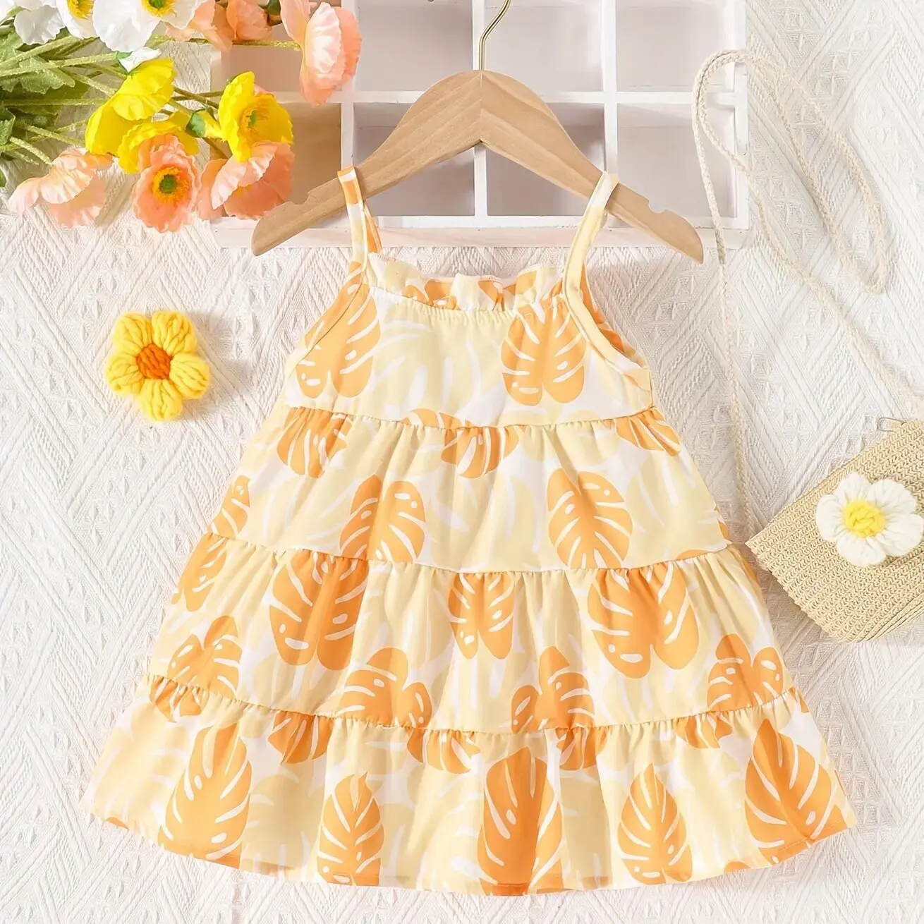 Summer Travel Holiday Dress Cute Baby Girl Beach Beach Holiday Dress Girl Halter Vest Leaf Pattern Cake Dress