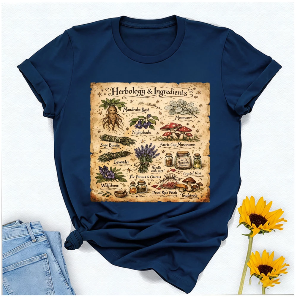 Herbology & Ingredients Vintage Chart Graphic T Shirt Wizard Mandrake Root Mushroom Herb Botanical Old Paper Print Cottagecore