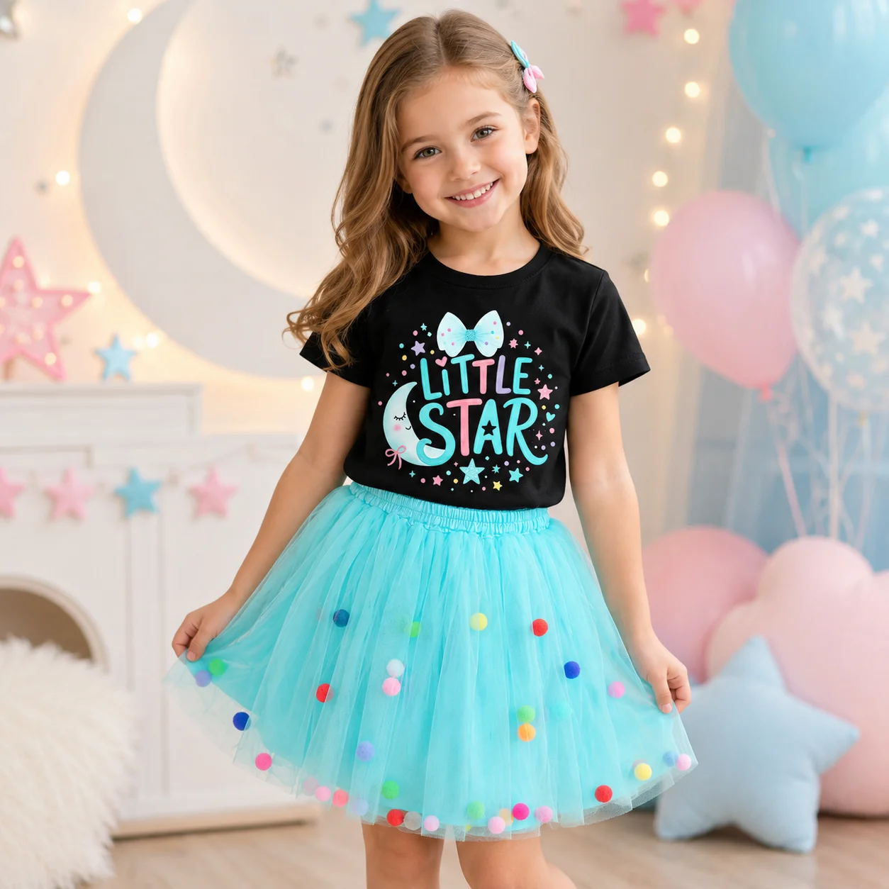 Kleines Sternchen-Print Mädchen 2-teiliges Outfit Sommer Baumwolle Kurzarm T-Shirt Farbige Pompon Tüll Tutu Rock Kinder Prinzessin Geburtstag Party