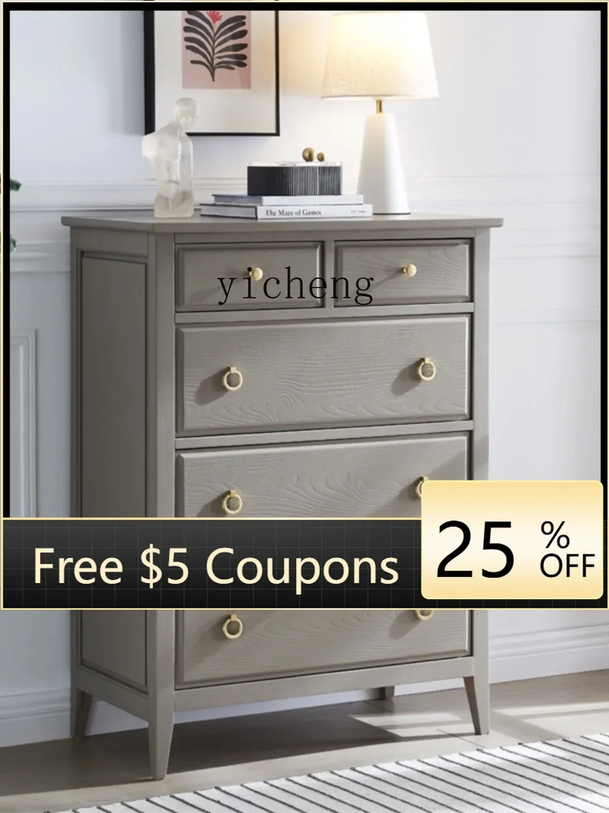 

LYY White Wax Light Luxury Solid Wood Chest of Drawers Living Room Storage Cabinet Bedroom Drawer