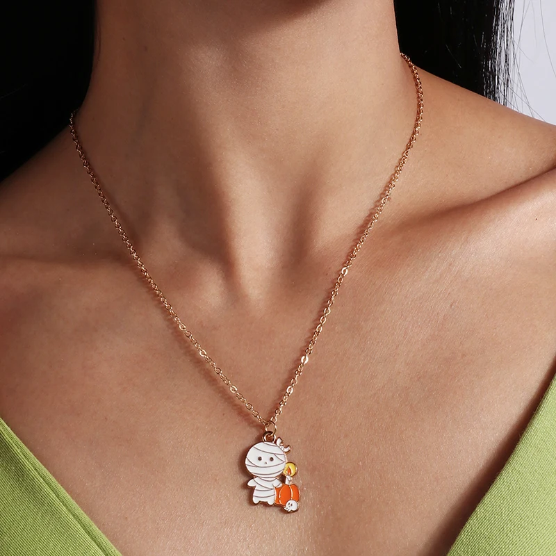 Aihua Niedliche Emaille-Halloween-Kürbis-Halskette, Fledermaus, Mumie, Hexe, Skelett, Augapfel, Halskette für Damen und Herren, Halloween-Party-Schmuck – Detail 5