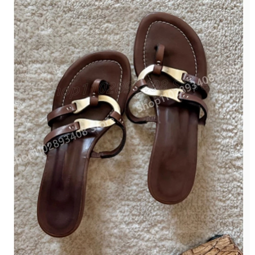 Elegant Brown Matte Leather Hollow Slippers Split Toe Metal Retro Style Low High Heel Women Shoes 2025 New Summer Para Mujere
