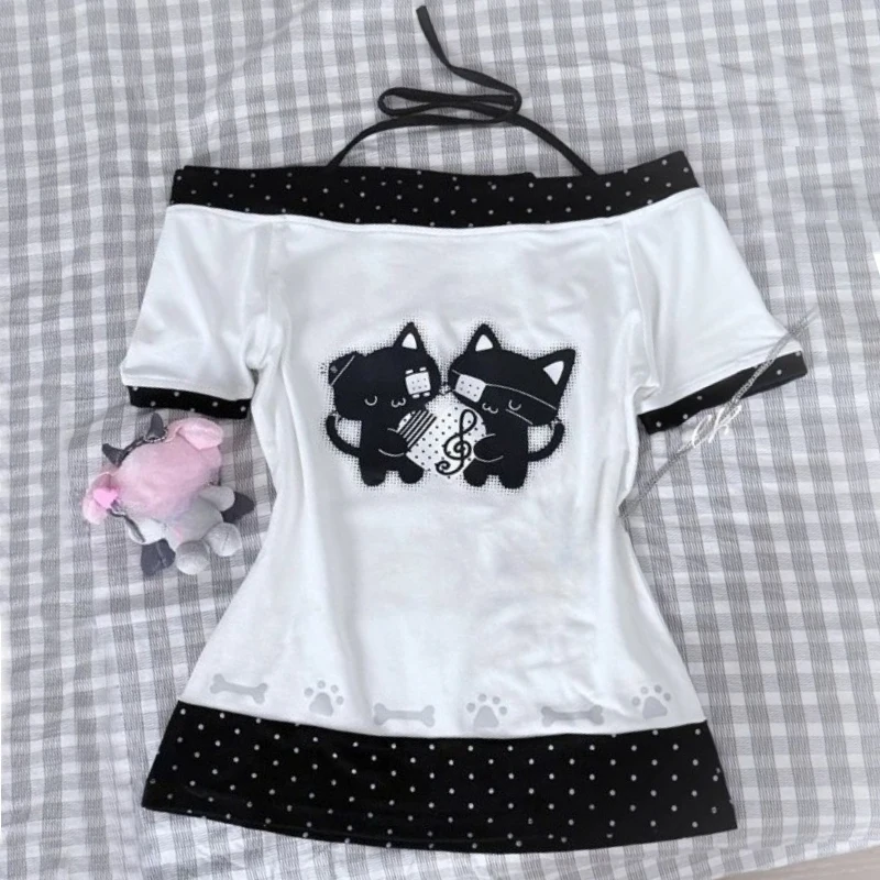Vintage Crop Tops 2025 Summer Sexy One Shoulder Y2k Aesthetic T-Shirts Streetwear Gray Printing Slim Tshirts Harajuku Bottoming