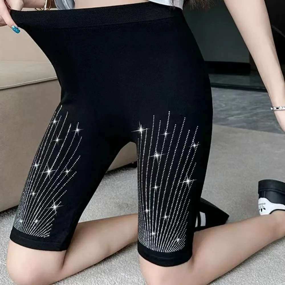 Legging wanita, hitam, Legging berlian imitasi, celana pendek Yoga, pinggang tinggi, ketat, huruf zirkon, panjang selutut, celana pendek bersepeda