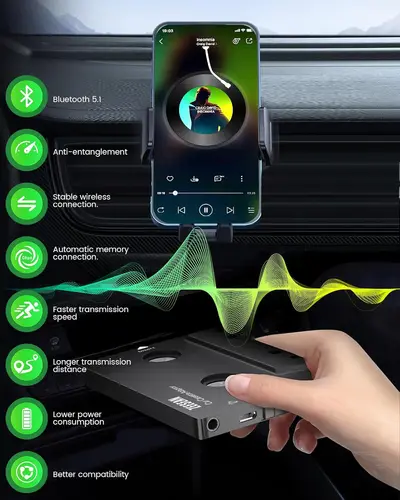 Imagen 2 del producto Adaptador Bluetooth de casete para automóvil, adaptador de casete Bluetooth 5.1, receptor de casete inalámbrico Bluetooth de audio para automóvil