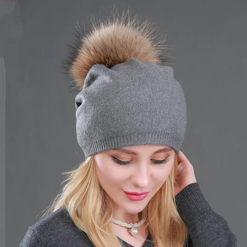 Brand Women\'s Pompom Beanie Hat Autumn Winter Wool Knitted Slouchy Beanies for Women Ladies Hat With Genuine Raccoon Fur Pompon