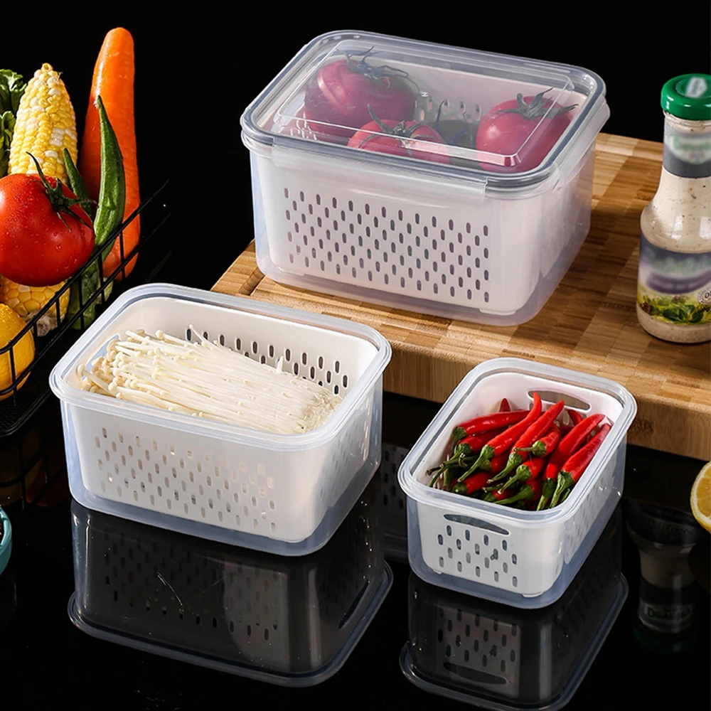 Double Drain Basket Microwave Frozen Crisper Fruit And Vegetable Refrigerator Storage Container Drain Fresh Container