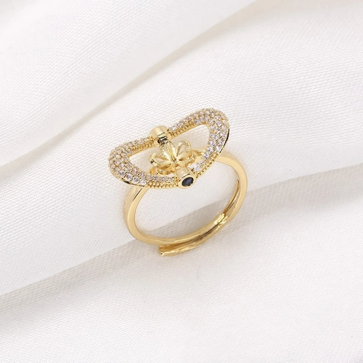 Gold Plated & Silver Tone Rotatable CZ Paved Adjustable Open Ring Setting Blank, NO Pearl, DIY Pearl Bead Jewelry Making Finding
