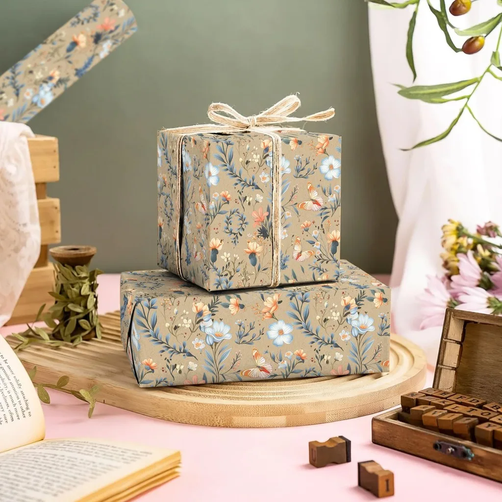 Kraft Wrapping Paper Kraft Coated Paper Wrap Rolled Wrapping Paper Floral Gift Wrap Roll For Scrapbook Decoration Party Diy view 6