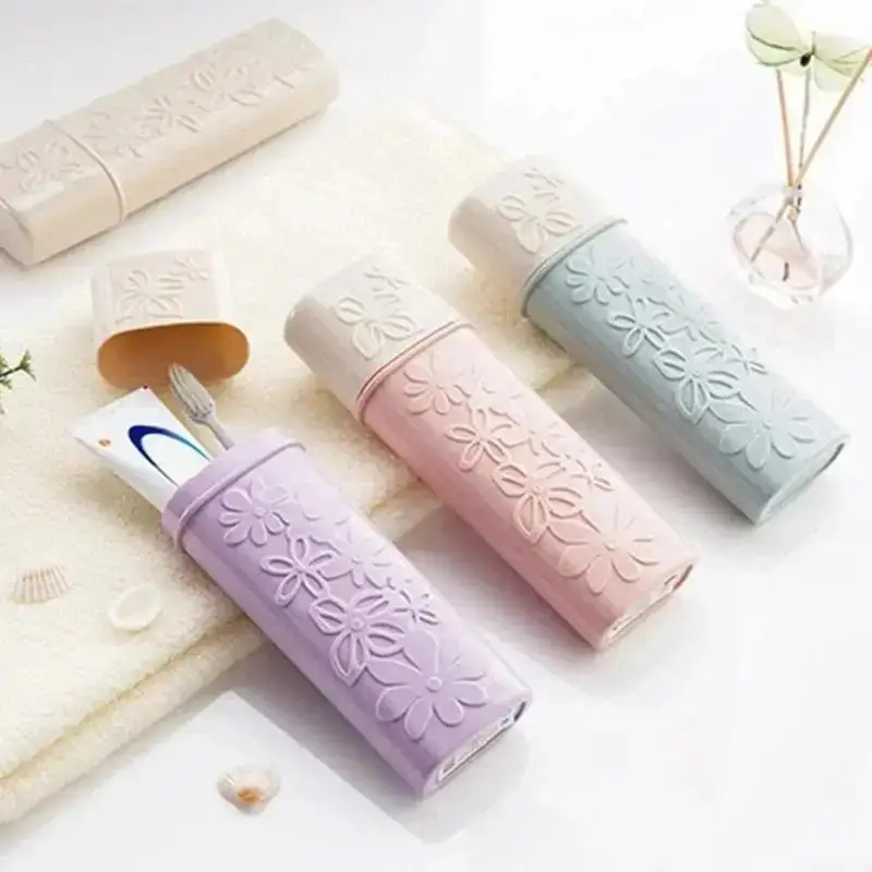 Embossed Pattern Solid Color Toothbrush Box Portable Travel Plastic Covered Dental Kit Box Travel Camping Cleaning Boxes Gadgets