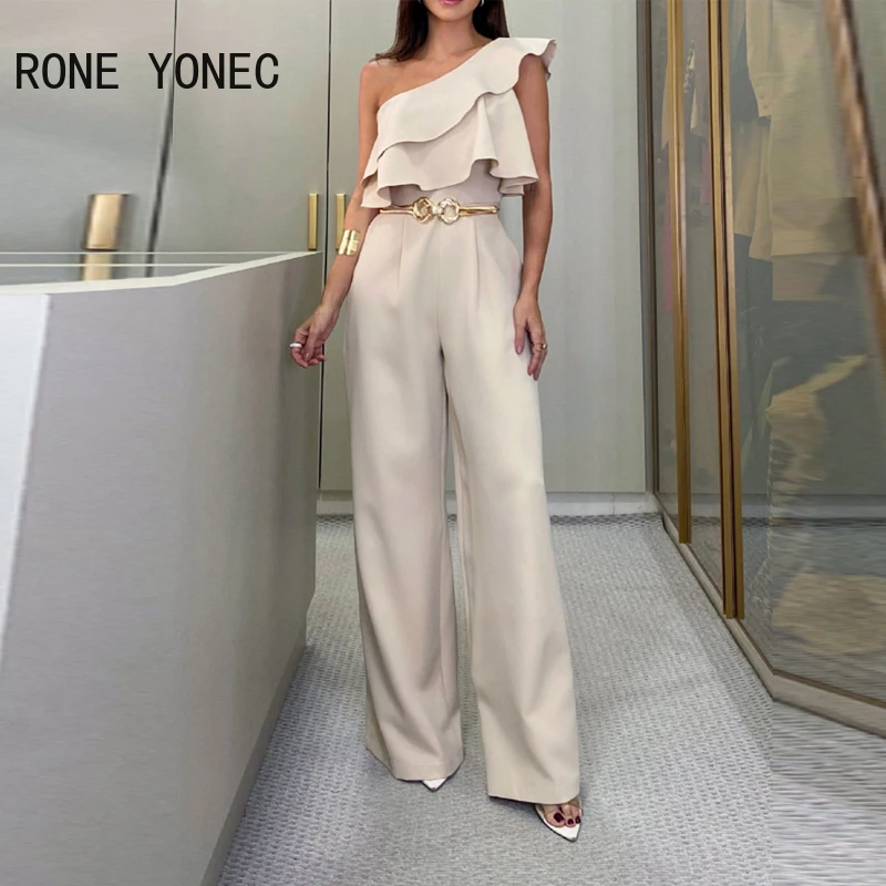 Women Elegant Solid One Shoulder Ruffle Decoration with Metal Belts Straight Leg Formal Jumpsuit