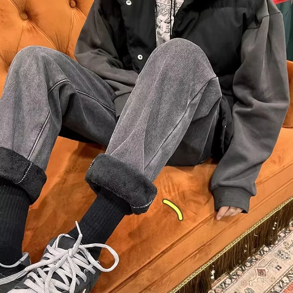 

Мужские утепленные джинсы Ins Sle Fce с широкими штанинами, осенне-зимние, с низкой посадкой, прямого кроя, в корейском стиле, теплые, модные