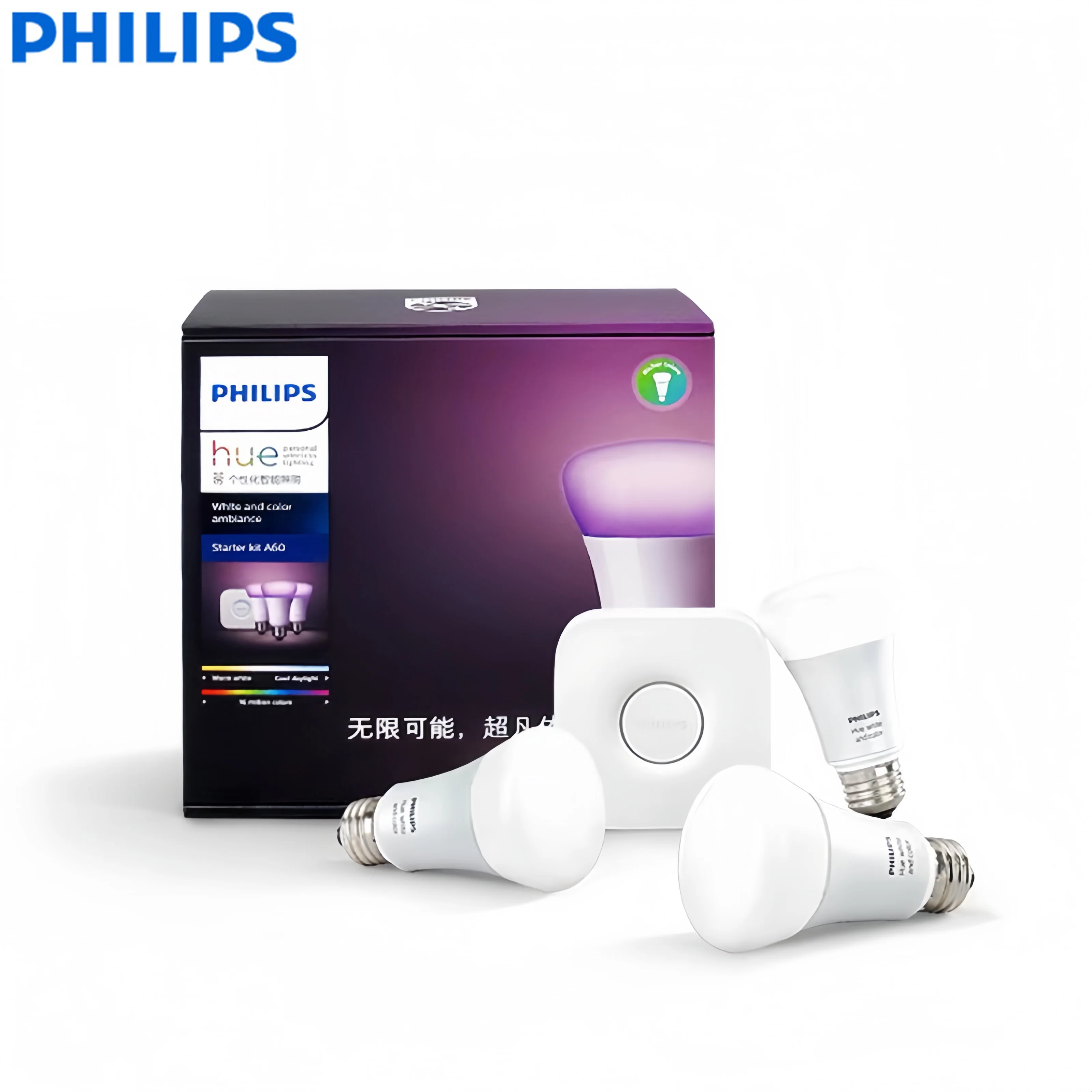 Philips Hue Ampoule intelligente Ambiance Couleur et Blanc 60W 3x E27 A60 + 1x Pont Bluetooth/App Gradation intelligente Philips Hue Ampoule intelligente Ambiance Couleur et Blanc 60W 3x E27 A60 + 1x Pont Bluetooth/App Gradation intelligente