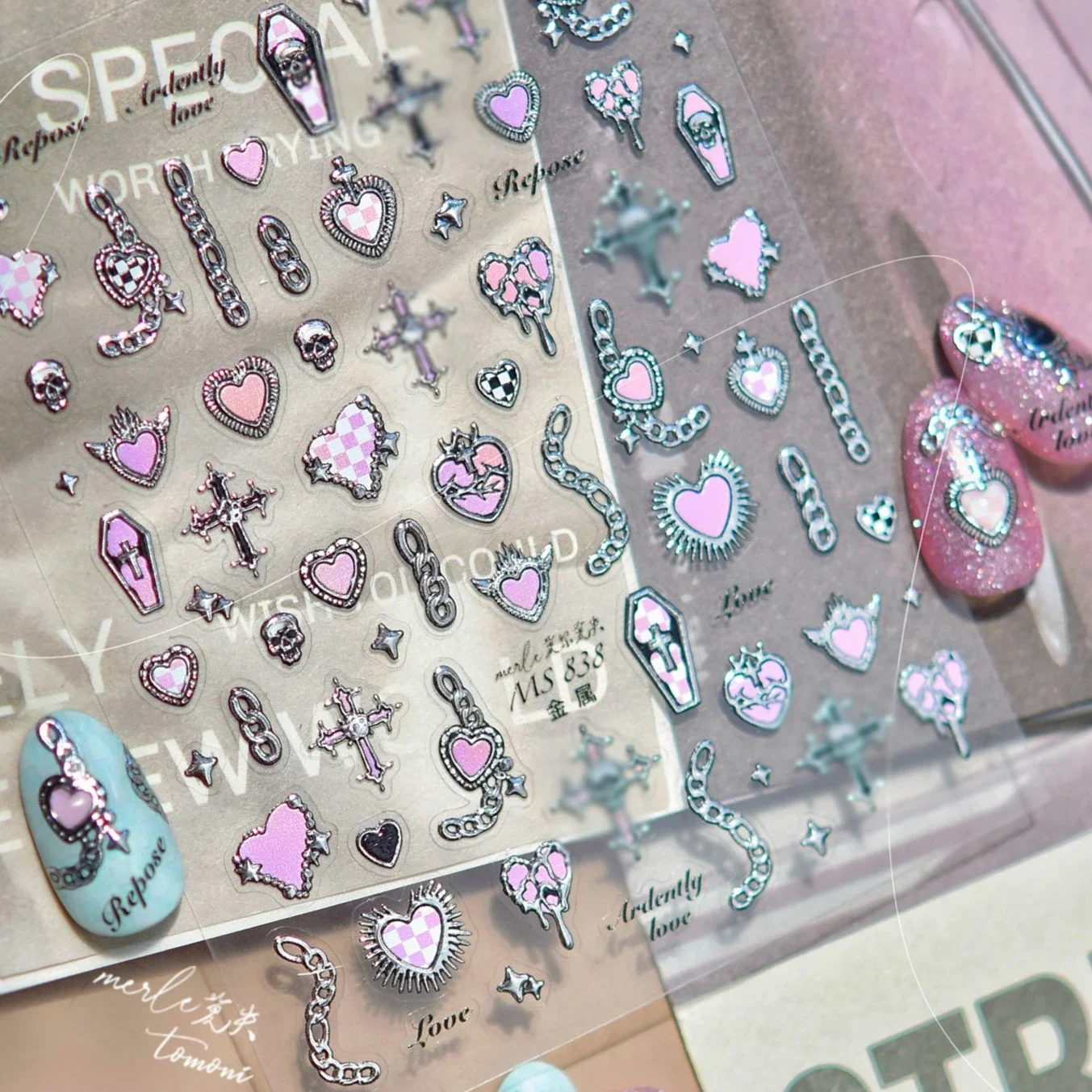 Punk zilveren lava ketting doodskist lint strik geometrische figuur liefde hart skelet slot ster maan nail art sticker manicure sticker