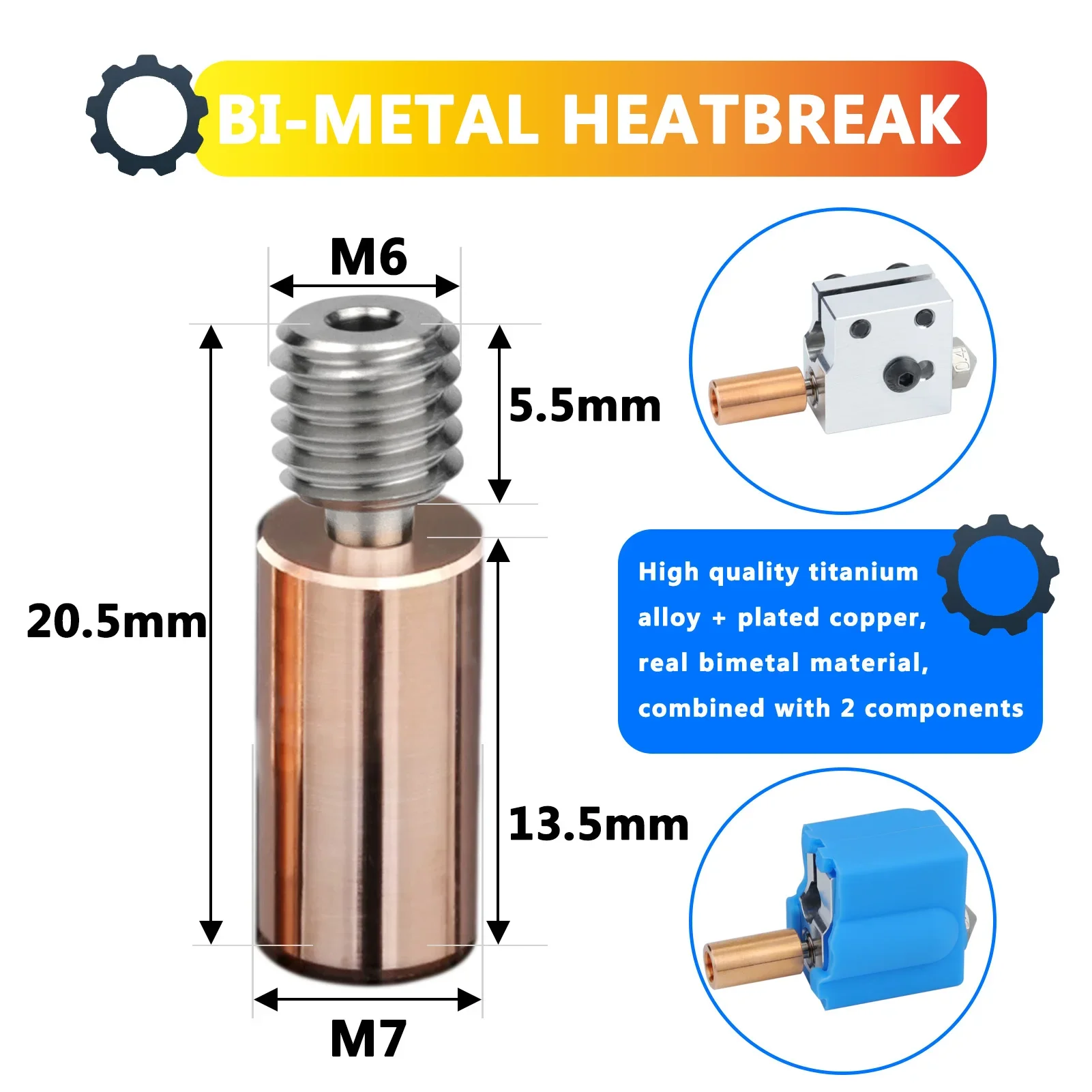 3/5/10 Pc Sidewinder X1 X2/Genius ,Pro V6 Bimetal Heatbreak Copper Titanium Upgrade Throat For Volcano PT100 Heatsink Connector