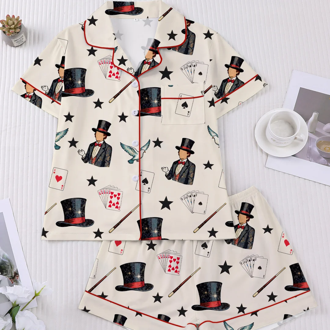 

Magician Themed Pajama with Cards Hat Star Print Lapel Short Sleeve Shorts Loungewear Home Wear Set Clothes Gifts for Women