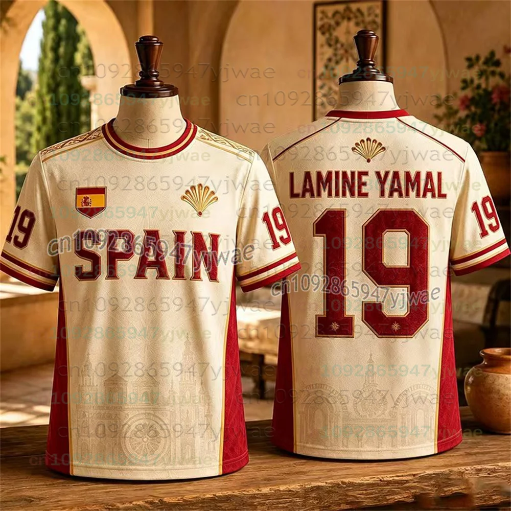 Image of 2026 Herren Damen Fußball T-Shirt Spanische Sieges-Gedenk-Kleidung Fußballtrikot Yamal/Cucurella/Rodri/Ferran Weißes T-Shirt
