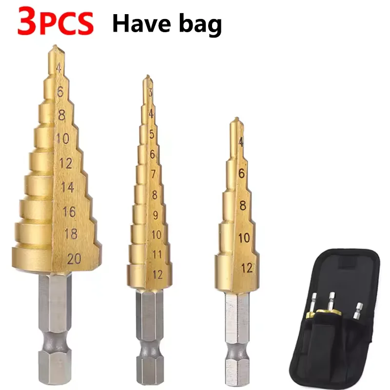 3pcs Titanium Coated Step Drill Bit Set 3-12mm 4-12mm 4-20mm Tapered Hole Cutter Bearing Steel for Metal Wood Hole Drilling Tool