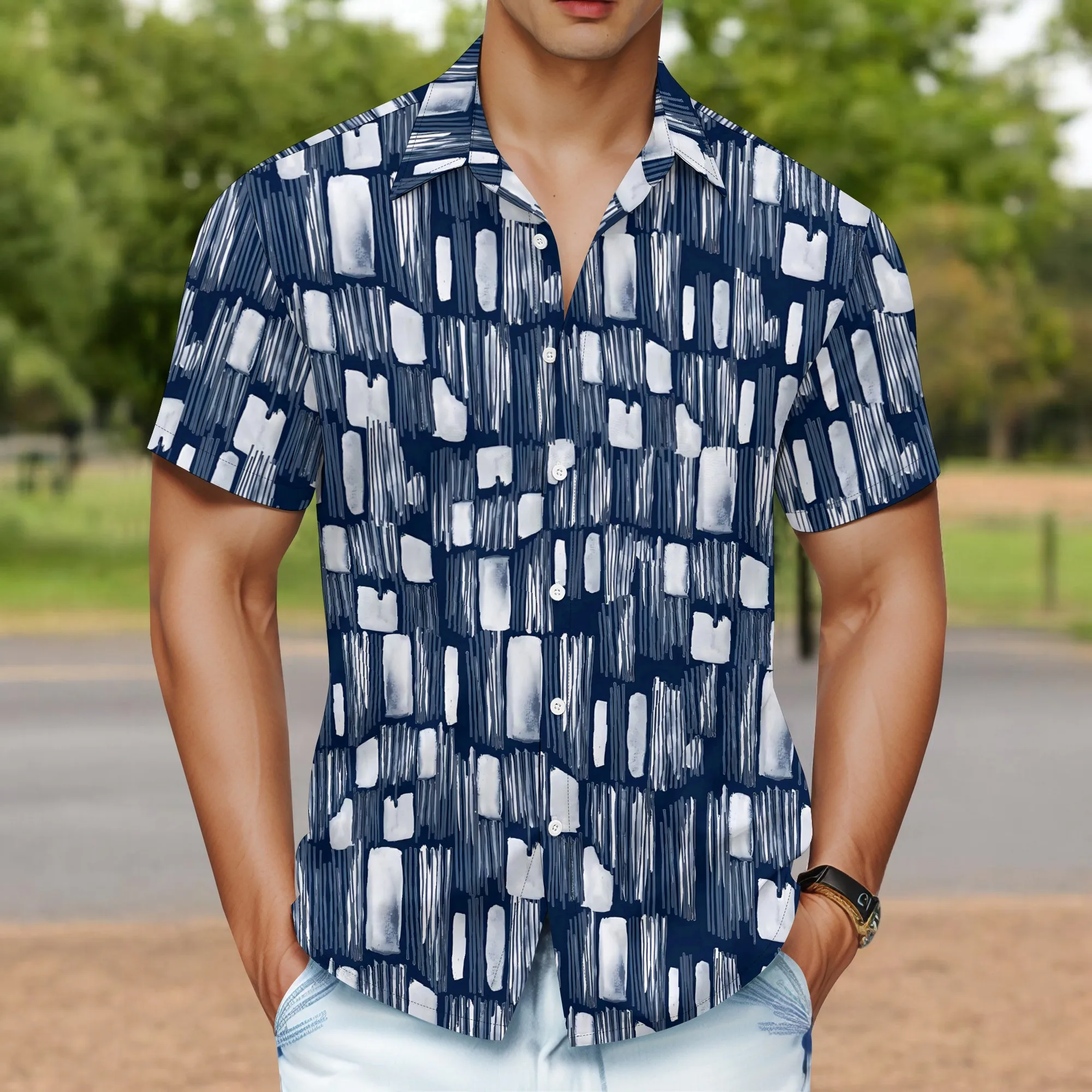 YEAE Blue White Gradient Wave Print Shirt for Men Summer Casual Short Sleeve Top