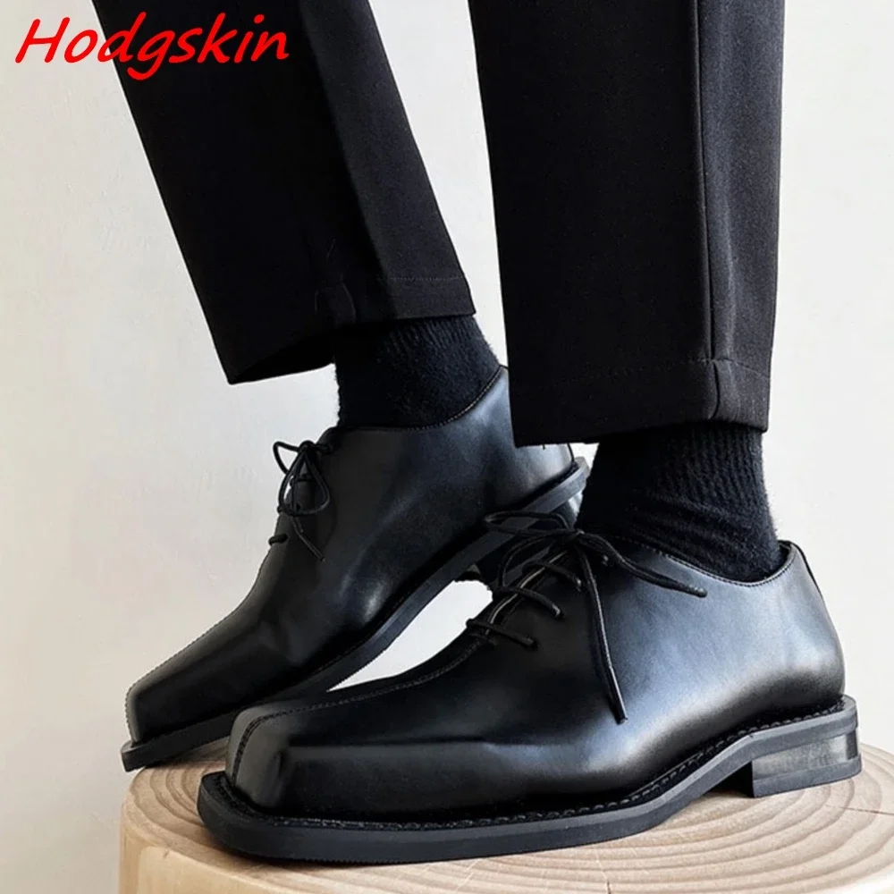 

Black Casual Lace Up Men's Shoes Square Toe Shallow Chunky Heel Microfiber Leather Shoe 2025 Spring Autumn Fashion Shoes for Men