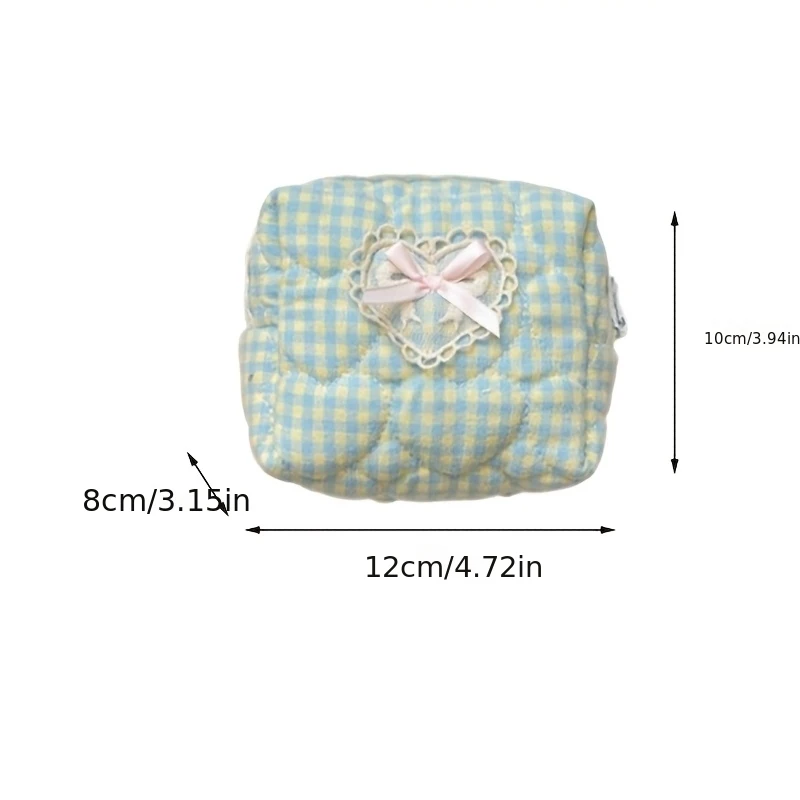 A Heart-shaped Lace Plaid Coin Purse with a Three-dimensional Bow, a Girly Storage Pouch On--go Cosmetics and Toiletries