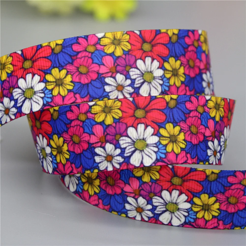 DHK 7/8\'\' 5yards Floral Flower Printed Grosgrain Ribbon Accessories Headwear Decoration Collar DIY Sewing Craft C2628