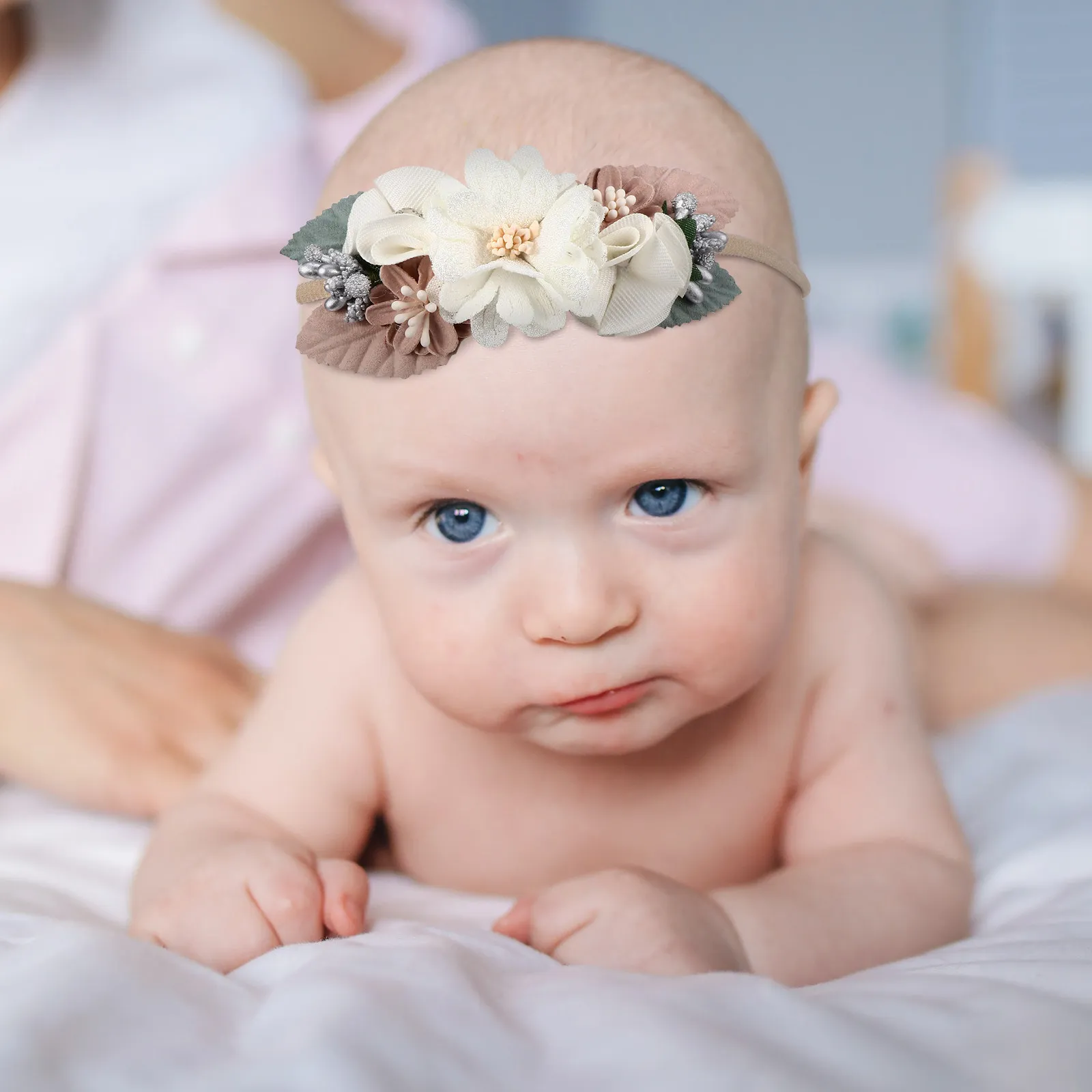 

3Pcs Baby Headbands Pearl Flower Elastic Cloth Headwear Toddler Girls Hairbands Photo Prop Soft Comfortable Pink Beige