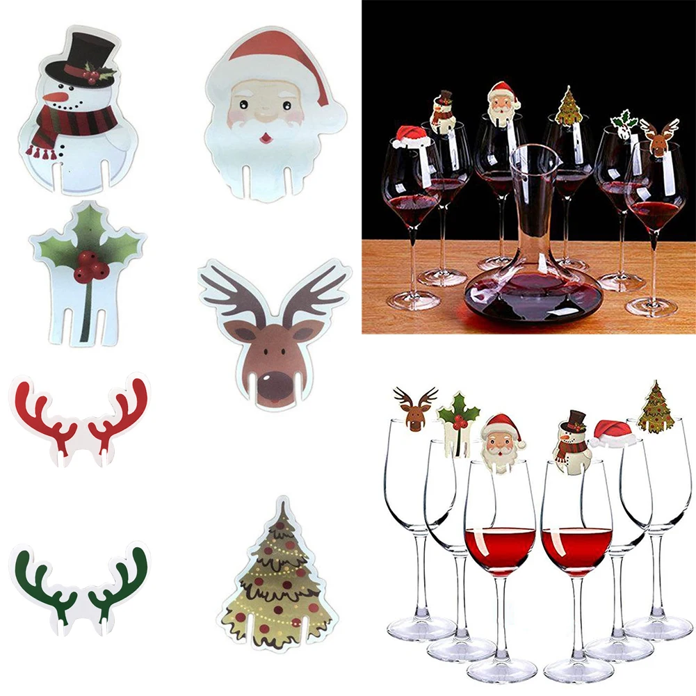 10 ชิ้นการ์ดถ้วยคริสต์มาสตกแต่งคริสต์มาสหมวกซานตา Xmas Tree Snowman แก้วไวน์ตกแต่ง Christmas Party Supplies