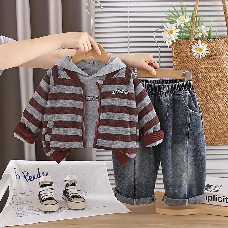 Toddler Boys Clothing 2026 Autumn Winter Baby Boy Clothes 1-5T Striped Zipper Cardigan Coat + Hoodies + Pants 3 Piece Outfit Set