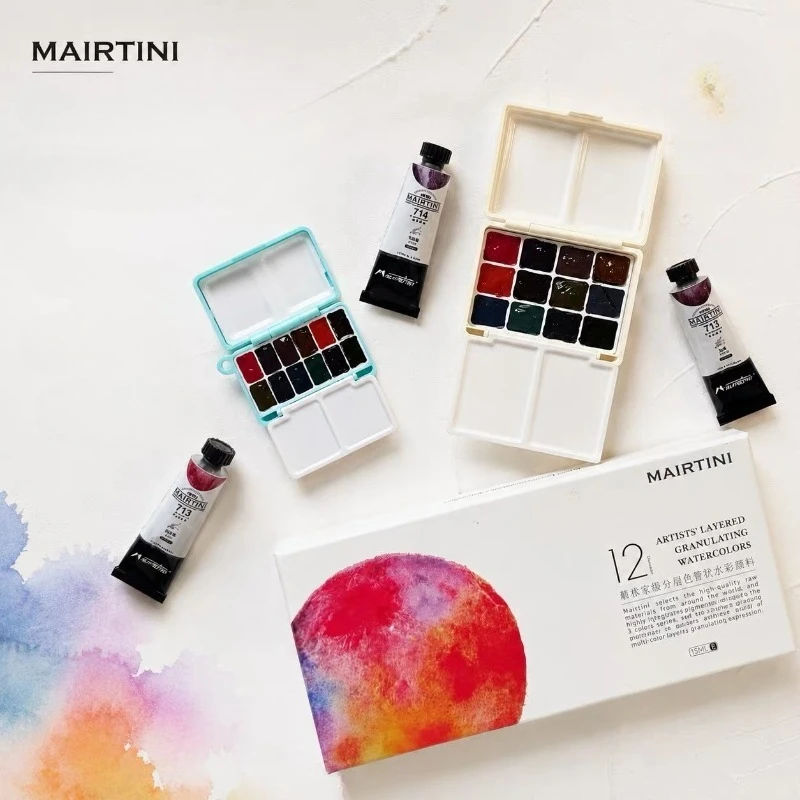 MAIRTINI 12 Colors Artist Grade Sediment Watercolor Paint 0.5/1ml Portable Layered Granulating Solid Watercolor Art Supplies