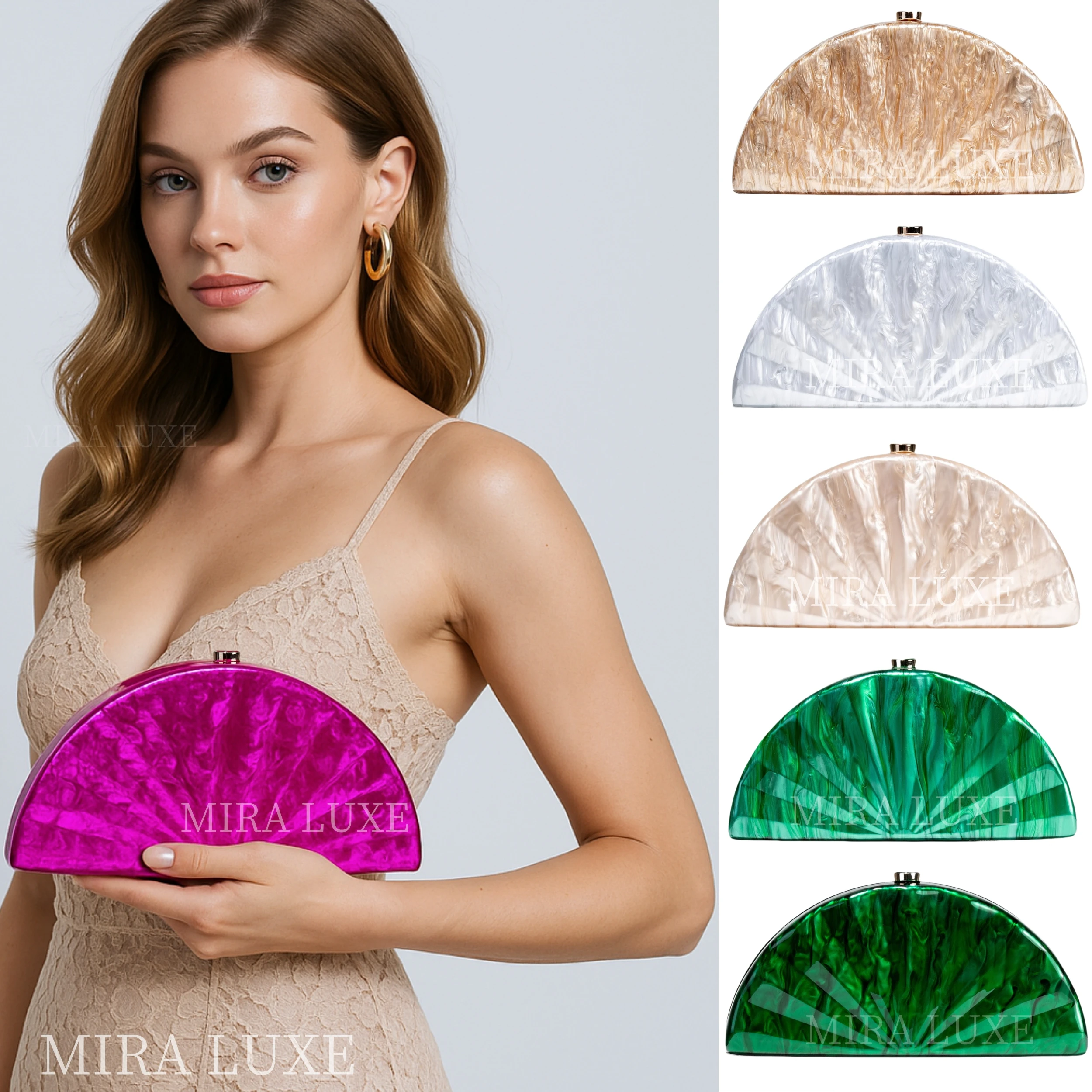 

Women Half Moon Shaped Acrylic Box Clutch Purse Semicircle Marble Beach Summer Evening Bag Party Prom Wedding Bridal Chain Bag