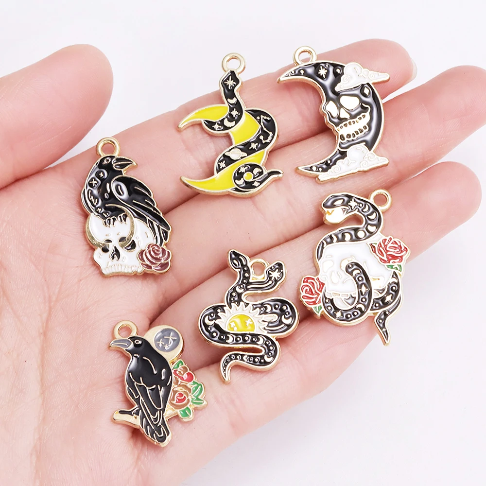 10Pcs Enamel Flower Crow Sun Moon Skull Snake Charms for Jewelry Making Earring Pendant Necklace Accessories Diy Craft Supplies