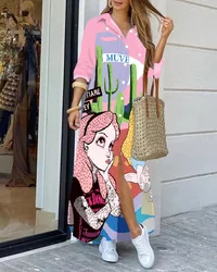 Vestido De Manga Larga Con Cuello Vuelto Para Mujer, Camisa Con Estampado Irregular, Informal, Holgado, Elegante, 2025