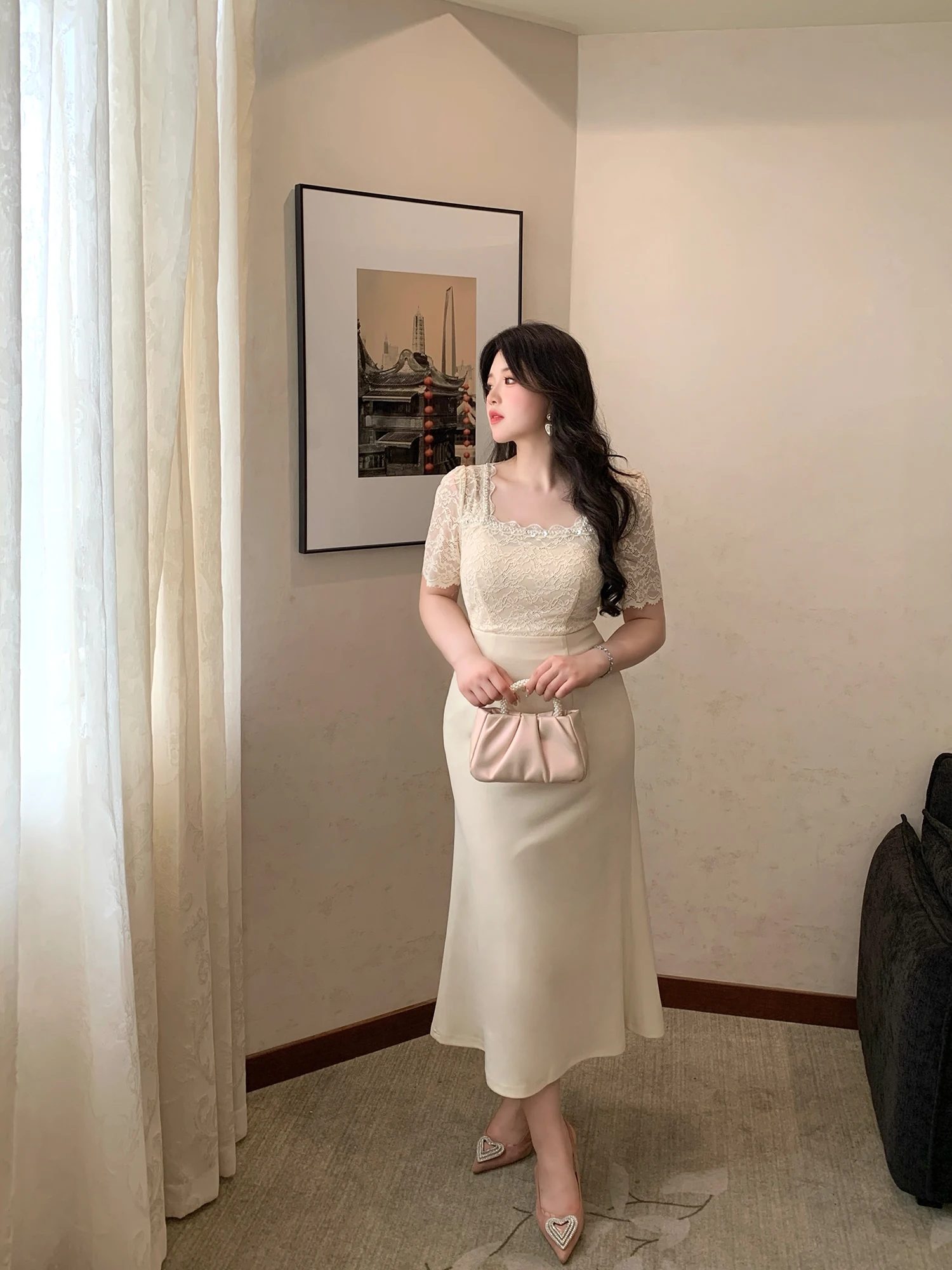 

MB Large Size Women's Fashion Textured Retro Hollow out Lace Trim Square Collar Fish Tail Dress French Style Slim Fit Ball Gown